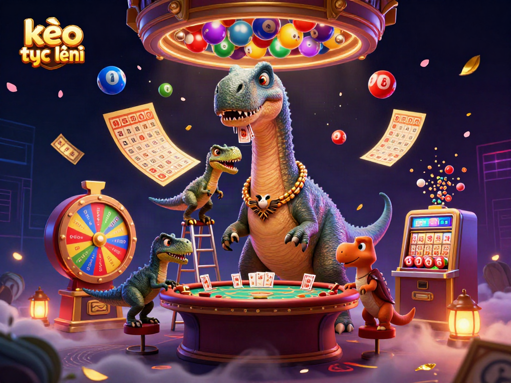 Experience the excitement of kèo trực tuyến with our vibrant casino scene featuring a towering brontosaurus!