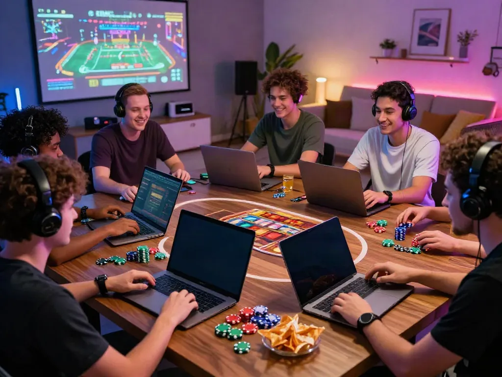 Exciting group gaming session at an online casino not on Gamstop, highlighting friends enjoying their gaming experience.