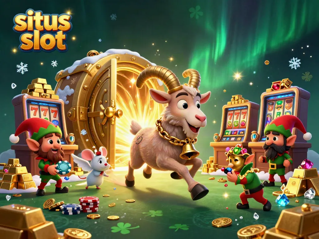 Engage with situs slot in a vibrant cartoon casino scene featuring Krampus and mischievous elves.