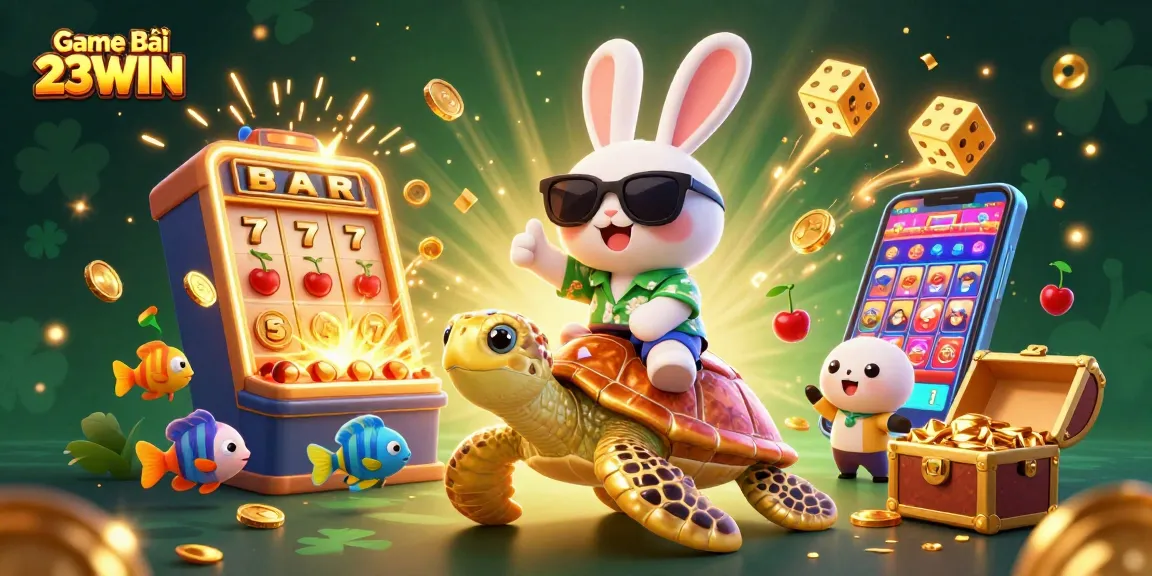 Play engaging games at Game Bài 23WIN with our colorful casino illustration showcasing lucky symbols and tropical elements.