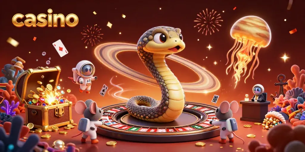 Explore a vibrant casino scene with a cosmic dealer and astronauts betting on the roulette wheel.