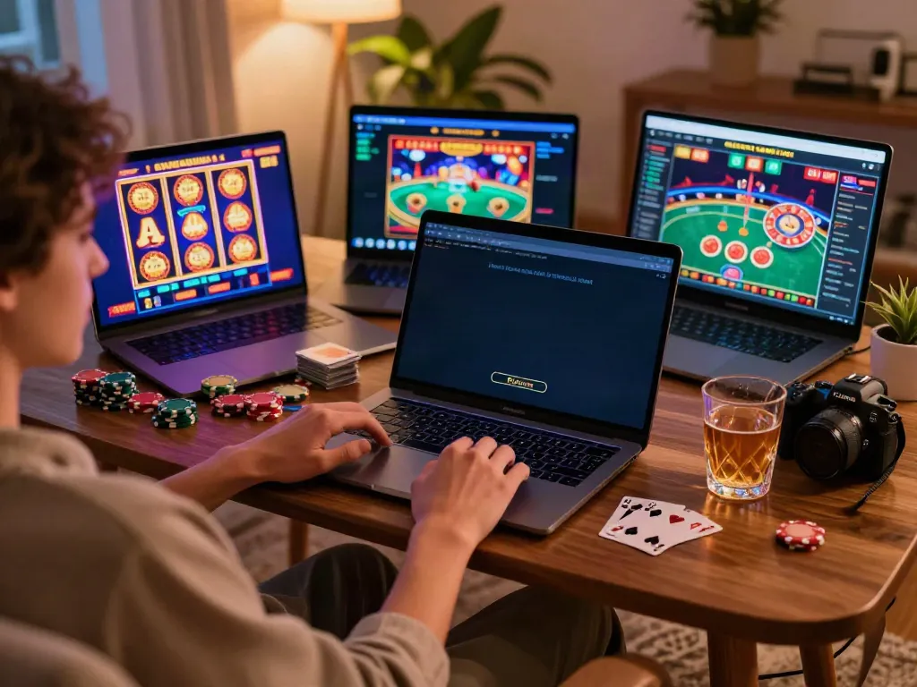Enjoying an online casino not on gamstop experience at home with colorful gaming tabs and cozy ambiance.