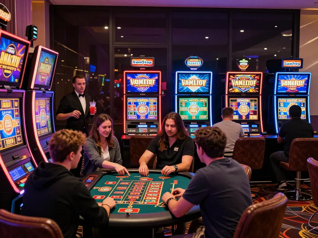 Player at an online casino not on GamStop enjoying slot machines and table games with vibrant lighting.