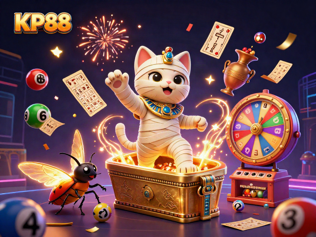 Experience the excitement of KP88's casino world with an Egyptian mummy cat amidst vibrant gaming elements.
