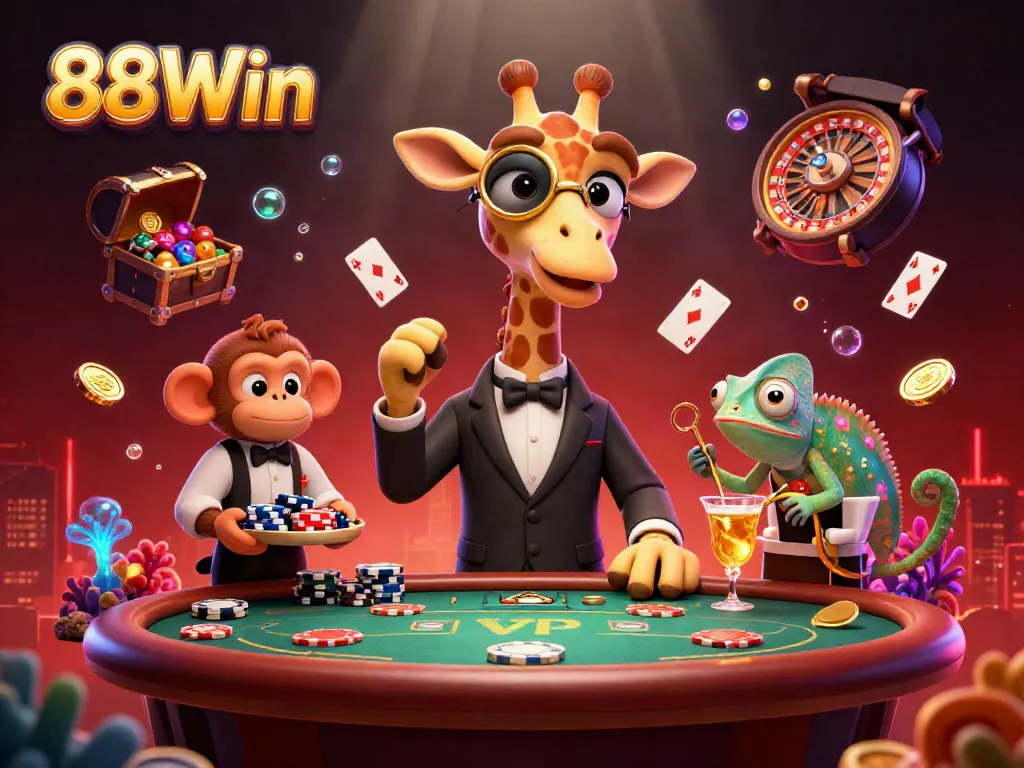 Engaging illustration of a high-roller scene at 88Win featuring a giraffe at a poker table, exuding luxury and excitement.