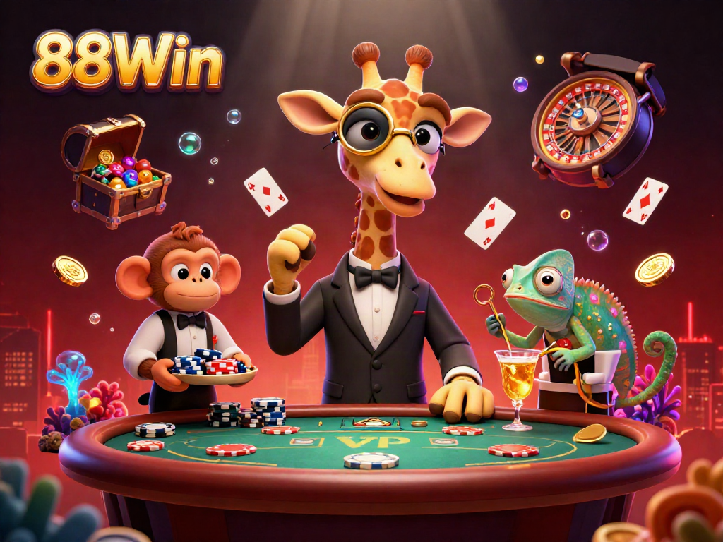 Engaging illustration of a high-roller scene at 88Win featuring a giraffe at a poker table, exuding luxury and excitement.
