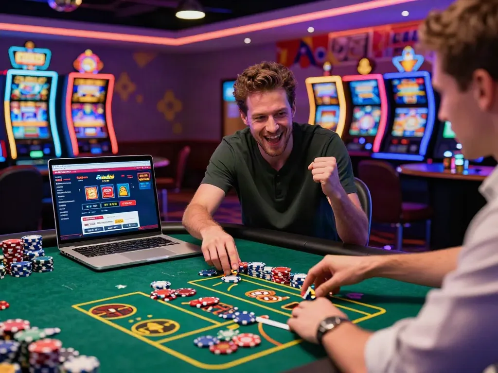 Player enjoying online casino not on GamStop with roulette and vibrant gaming ambiance.