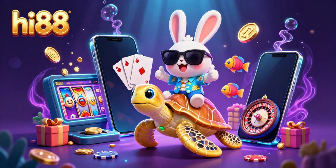 Experience excitement at hi88 with a 3D lucky rabbit and golden turtle amidst dynamic casino elements.