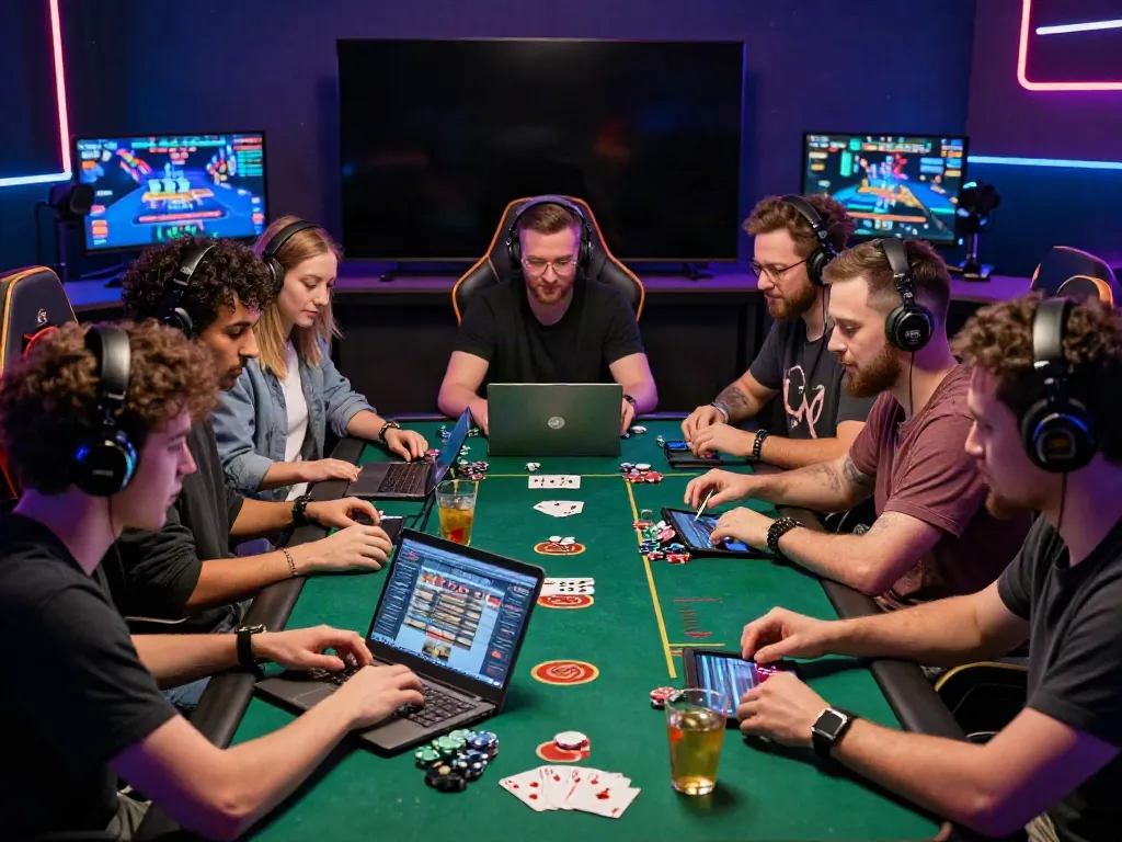 Exciting online casino gaming moment featuring friends with laptops, celebrating wins at an online casino not on Gamstop.
