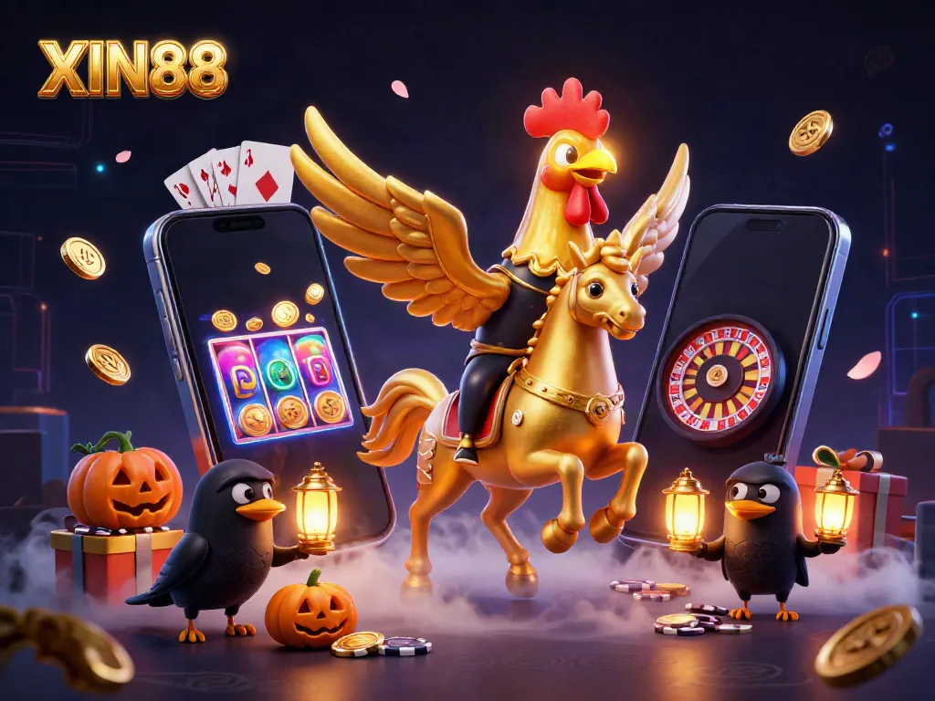 Engage in the vibrant world of XIN88 with a golden rooster and spectral horse amidst casino excitement.