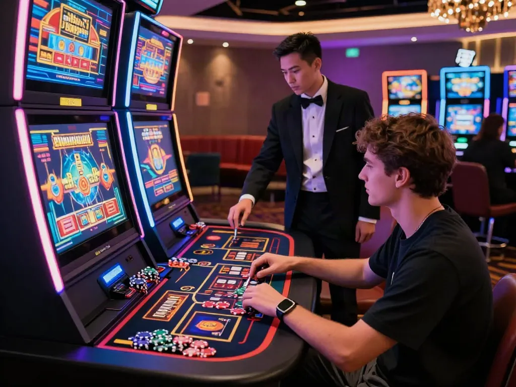 Engaged player at an online casino not on gamstop, vibrant virtual slot machine, casino ambiance.