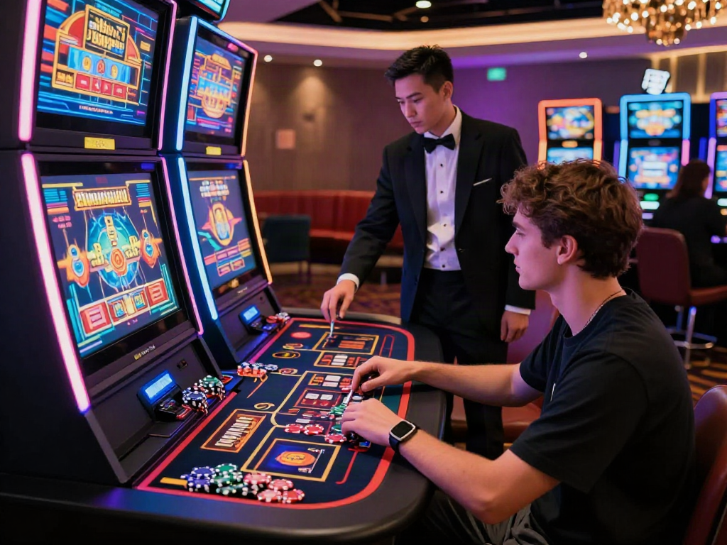 Engaged player at an online casino not on gamstop, vibrant virtual slot machine, casino ambiance.