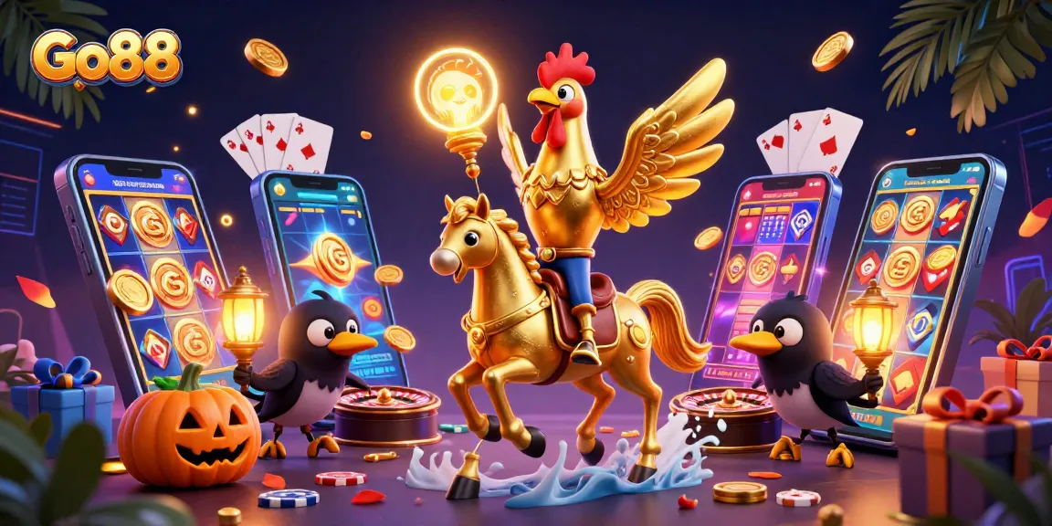 Go88 features a golden rooster headless horseman amidst high-energy casino elements, showcasing vibrant gaming excitement.
