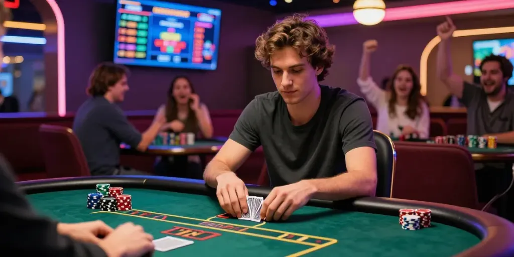 Dynamic casino scene showcasing a player enjoying an online casino not on gamstop at a vibrant poker table.