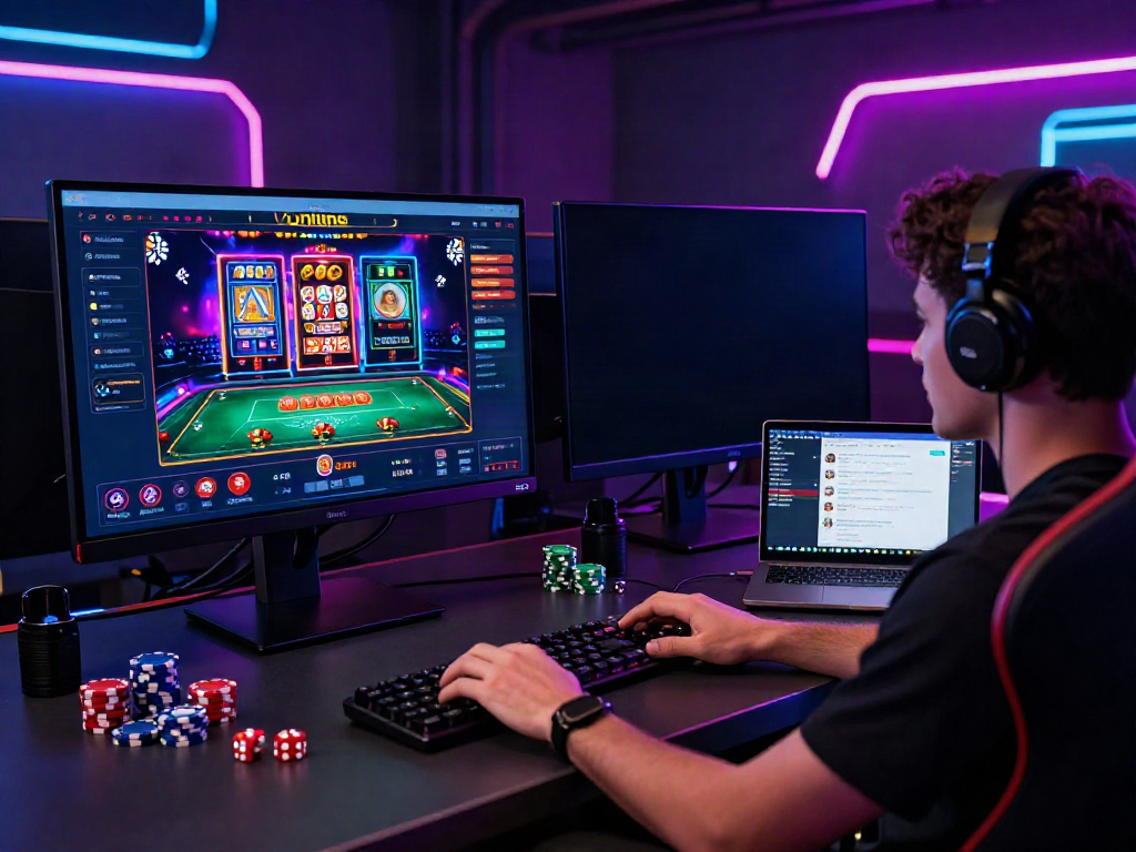 Engaged gamer exploring an online casino not on gamstop at a modern desktop setup.