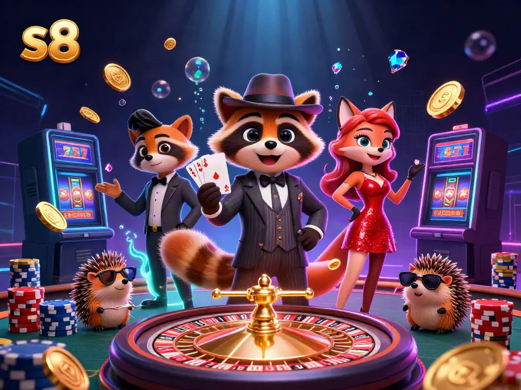 S8 platform showcasing raccoon in a suit with a royal flush, coins and poker chips sparkling around