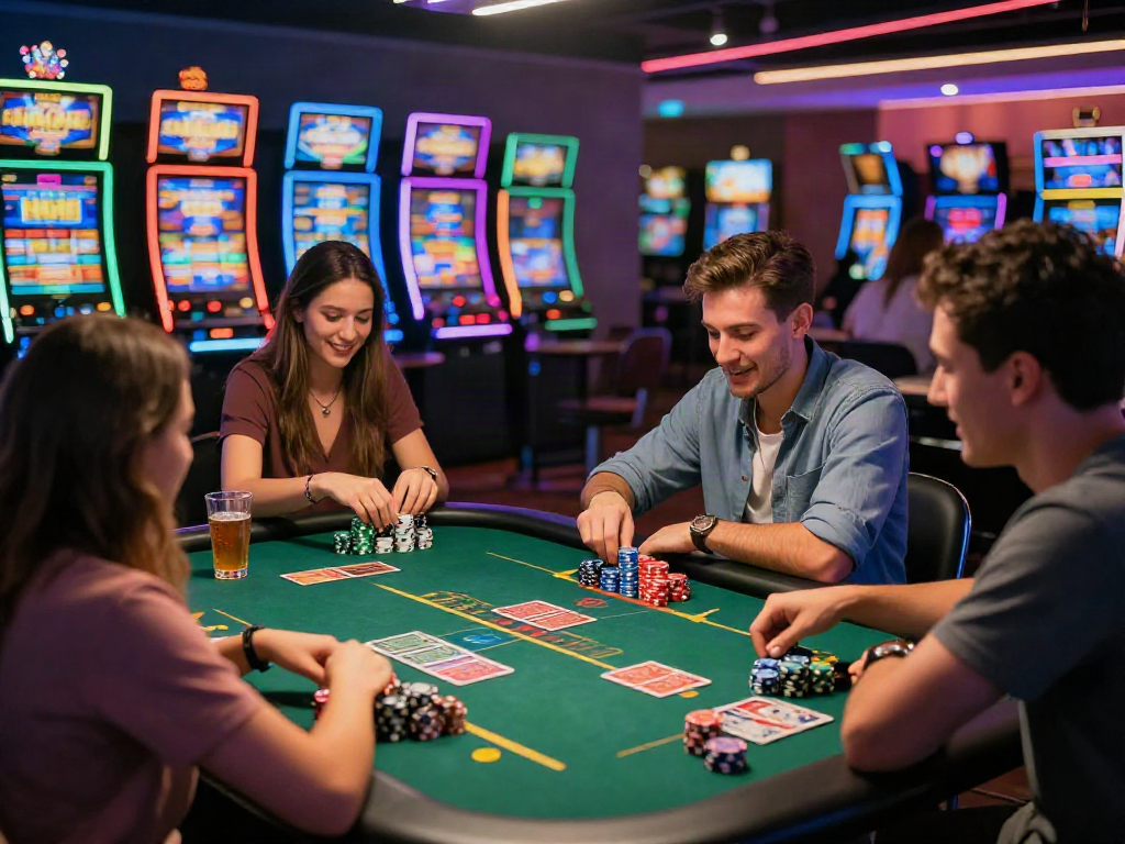 Exciting scene featuring friends enjoying an online casino not on gamstop night.