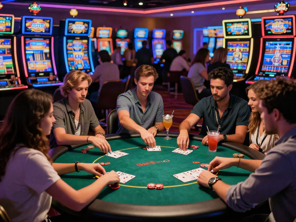 Group of friends at an online casino not on gamstop enjoying poker games with vibrant slot machines.