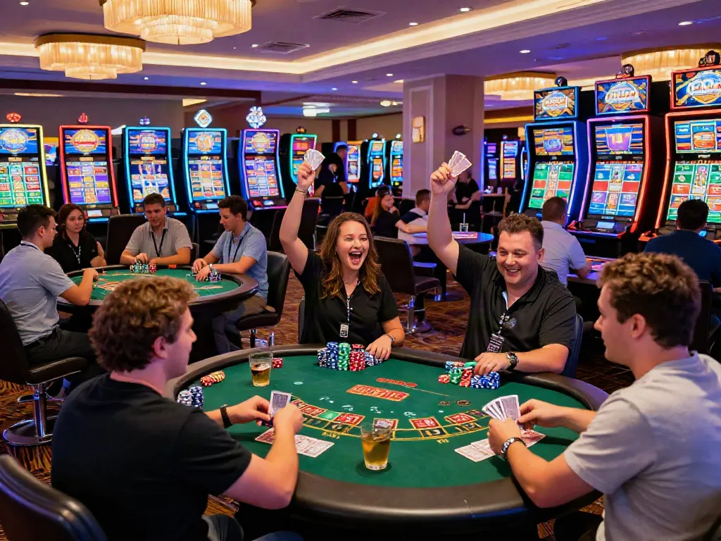 Exciting scene at an online casino not on GamStop, showcasing diverse players enjoying games amidst vibrant lights.