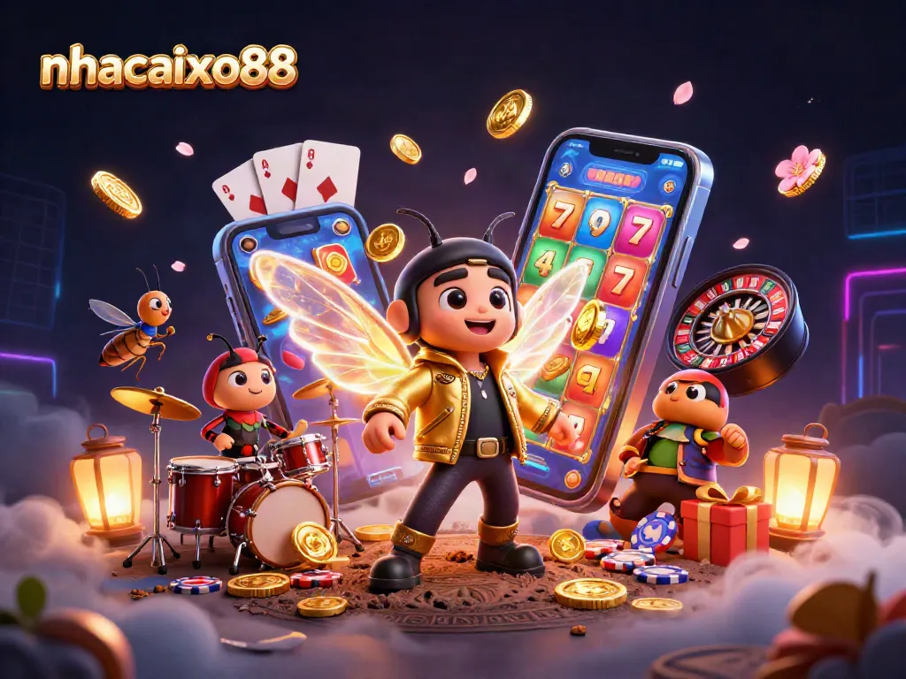 Win big at nhacaixo88 with a vibrant casino party scene featuring a rock star and engaging game elements.