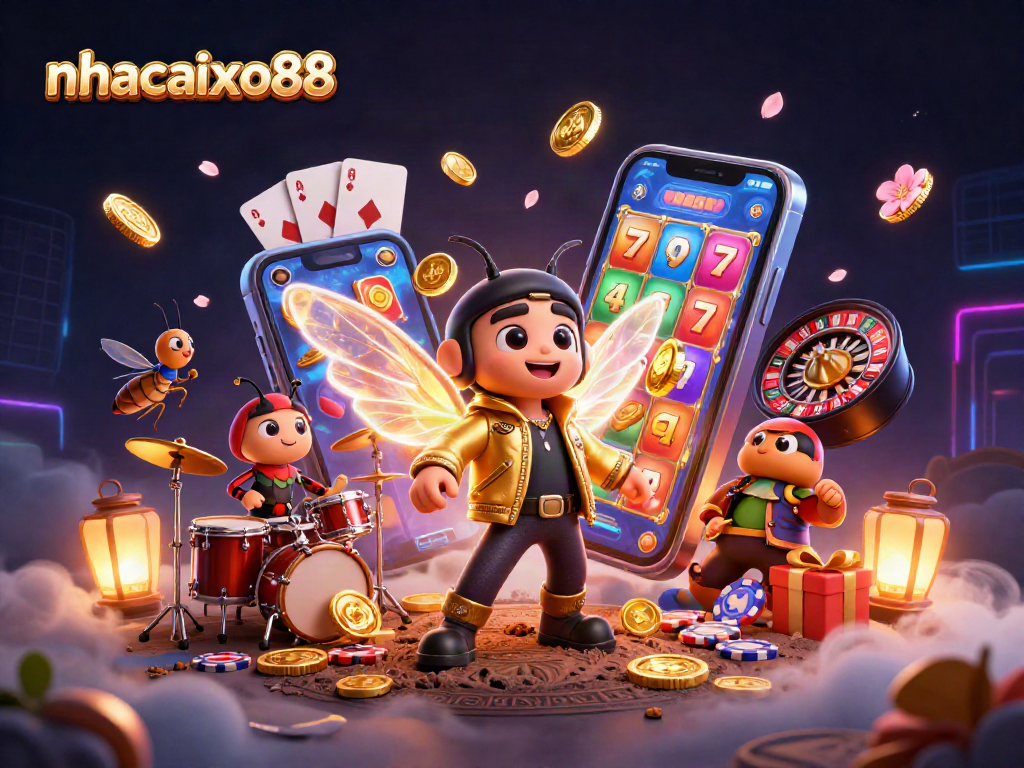 Win big at nhacaixo88 with a vibrant casino party scene featuring a rock star and engaging game elements.