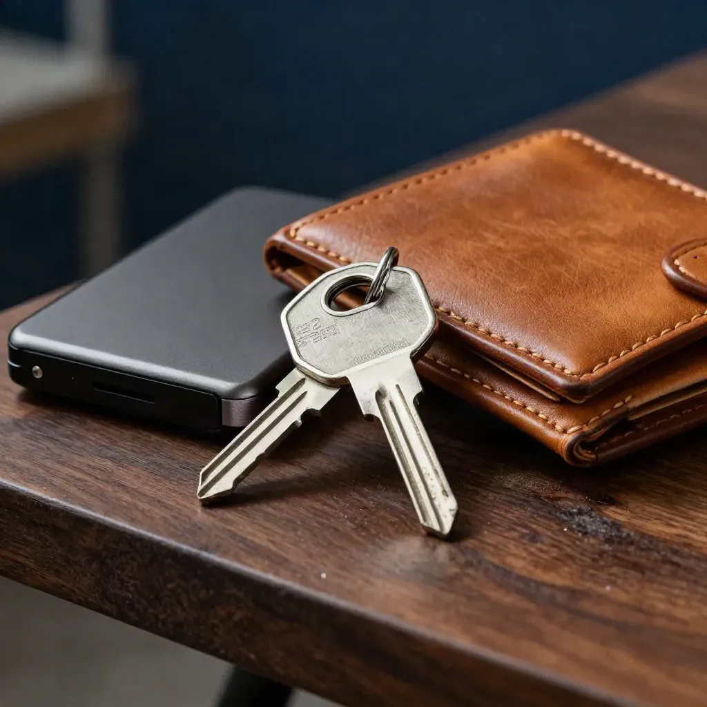 Brushed access key, sealed drive and leather wallet on a dark walnut plinth in moody studio light.