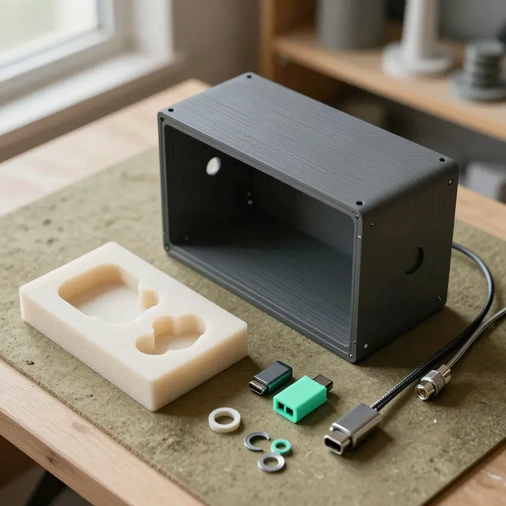 Top-down prototype enclosure, foam insert and connector kit on a khaki workshop mat.