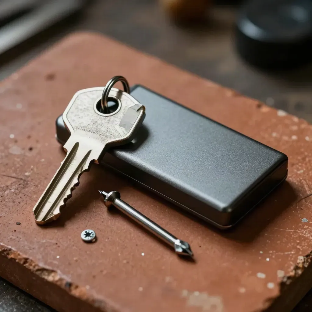 Macro audit kit with key, tamper seal, encrypted drive and screwdriver on terracotta stone.