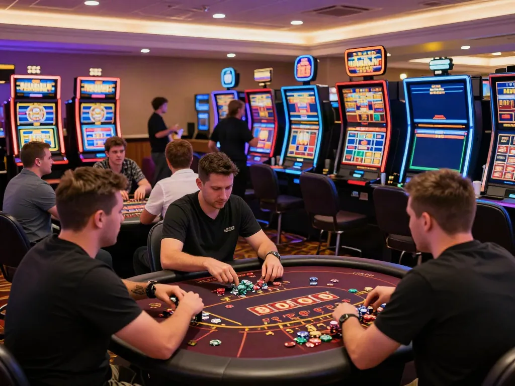Players enjoying their time at an online casino not on gamstop, experiencing vibrant lights and exciting games.