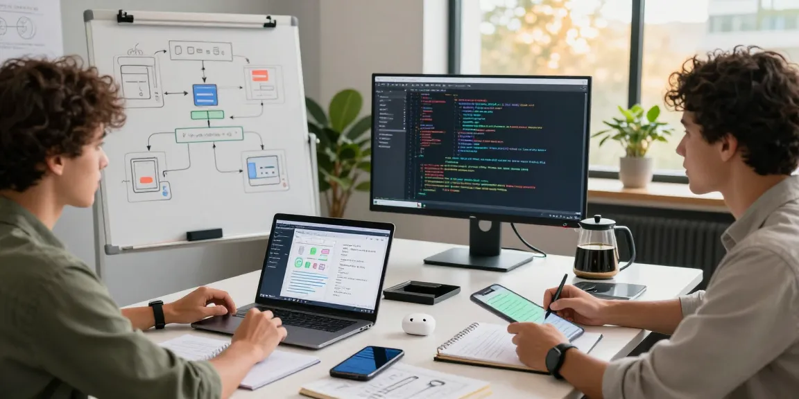 Build internal tools with AI in a collaborative workspace with professionals discussing tech prototypes and brainstorming ideas.
