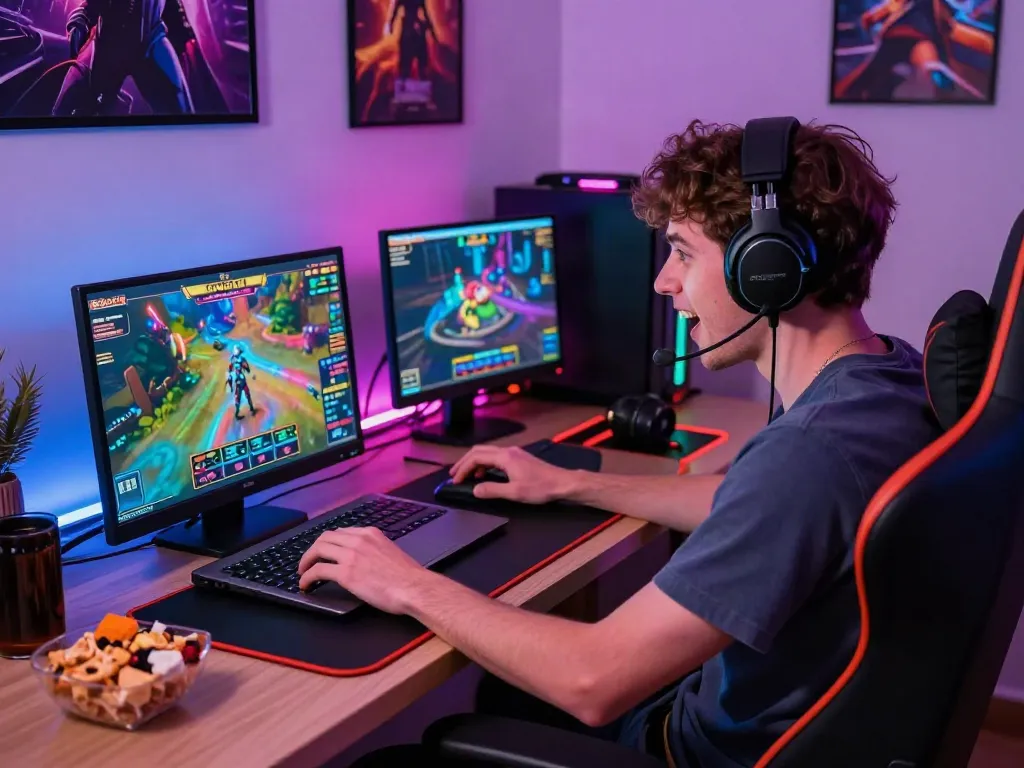 Engaging online casino gaming experience at home with vibrant lighting.