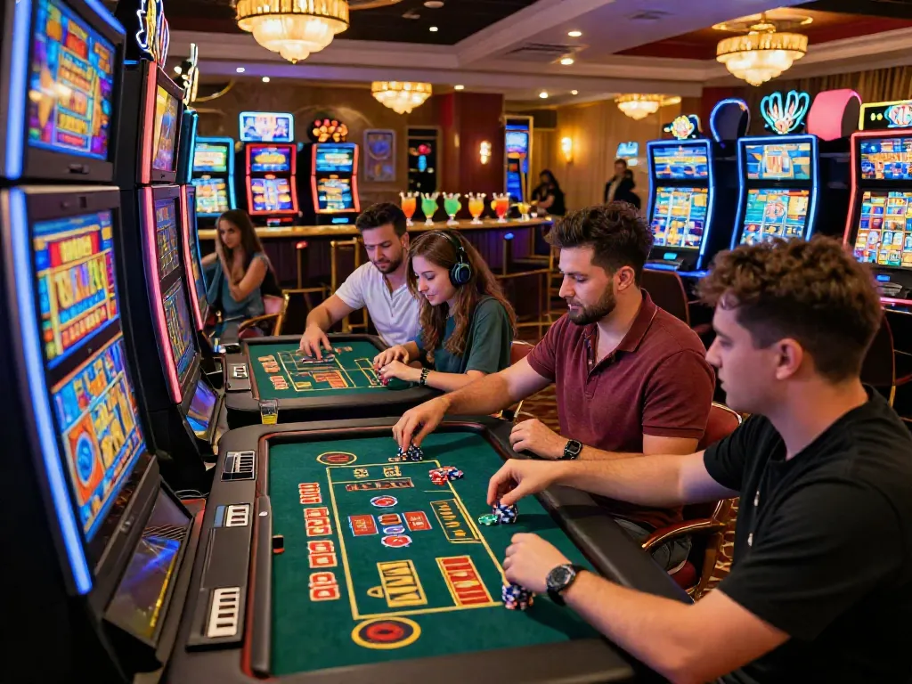 Players at an online casino not on gamstop celebrating wins in a vibrant atmosphere.