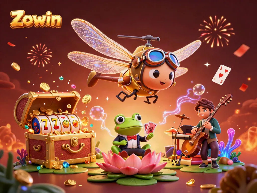 Zowin's vibrant casino scene with a dragonfly pilot and lively frog croupier amidst sparkling cards and treasures.
