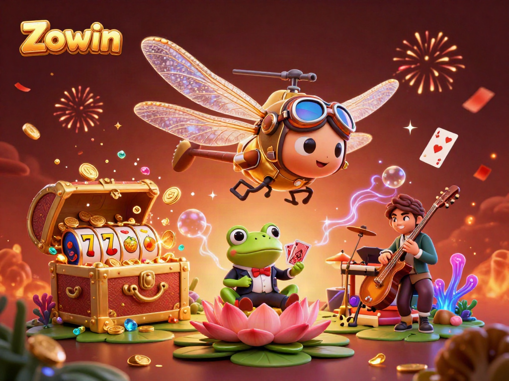 Zowin's vibrant casino scene with a dragonfly pilot and lively frog croupier amidst sparkling cards and treasures.