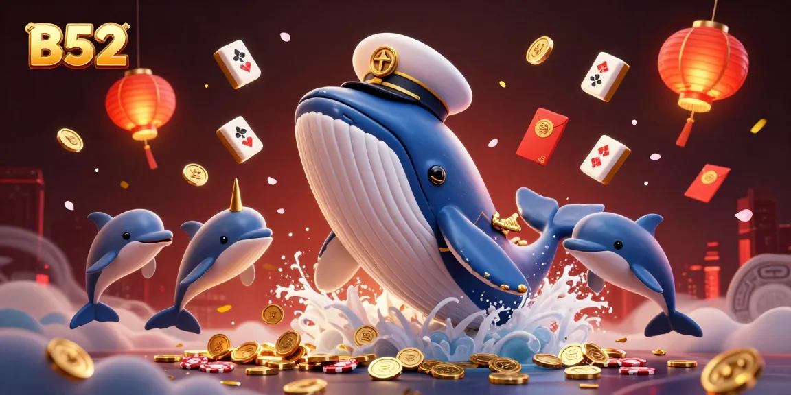 Experience B52 with a vibrant sea of coins, whales, and dolphins showcasing dynamic casino elements.