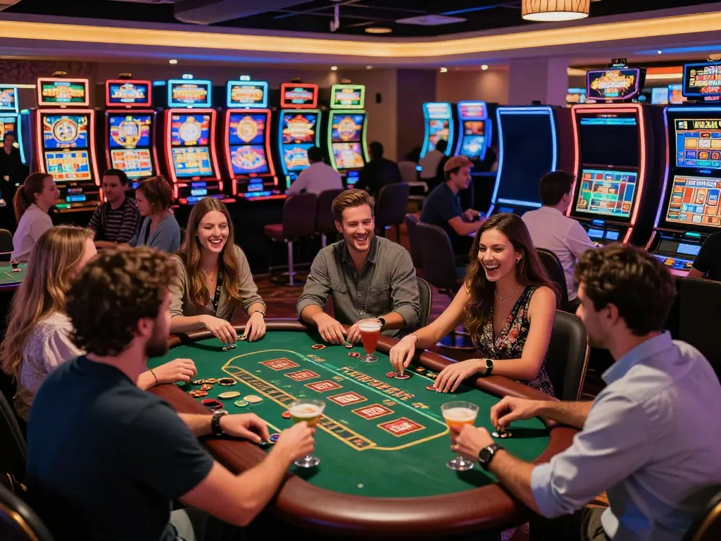 Visitors enjoying games at an online casino not on Gamstop, showcasing vibrant atmosphere and diverse gaming options.