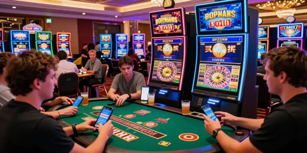 Players at an online casino not on gamstop enjoying diverse games in a vibrant atmosphere.