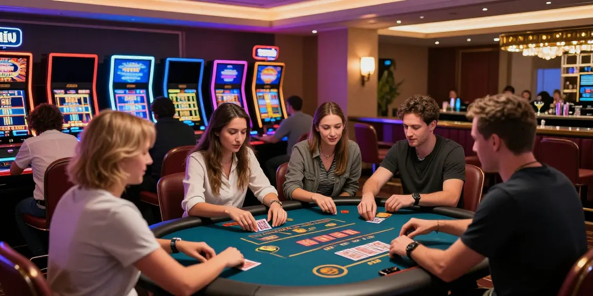 Exciting atmosphere at an online casino not on Gamstop with diverse players at gaming tables.