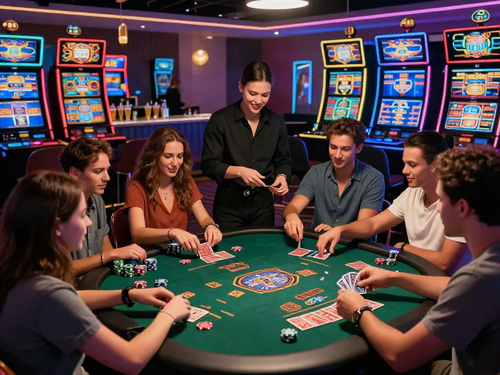 Exciting online casino not on gamstop scene with friends playing card games.