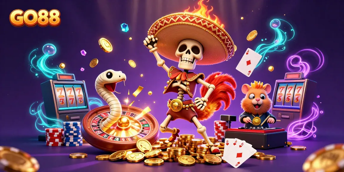 Experience the thrilling atmosphere of GO88 with a cartoon skeleton mariachi rooster celebrating amidst golden coins and vibrant casino elements.