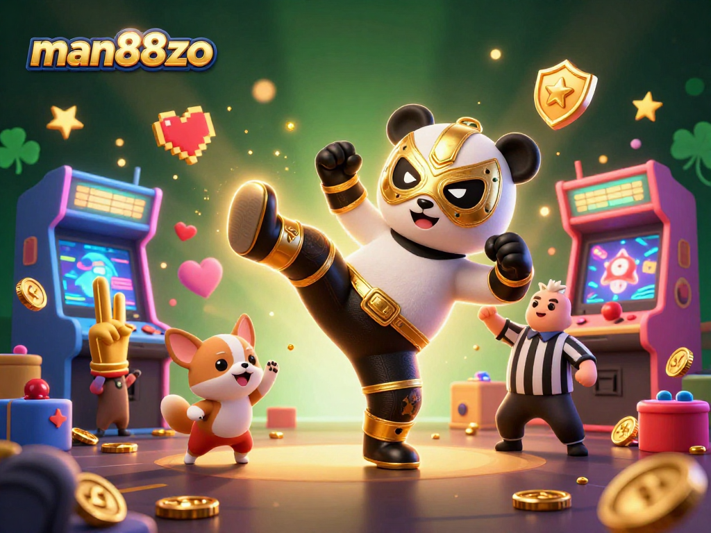 Experience excitement at man88zo as a panda wrestler flies through the air, surrounded by cheering fans and vibrant gaming elements.