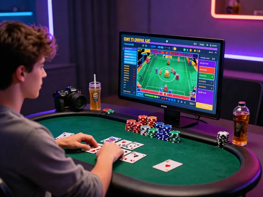 Engaging online casino not on gamstop scene with a player enjoying vibrant gaming setup