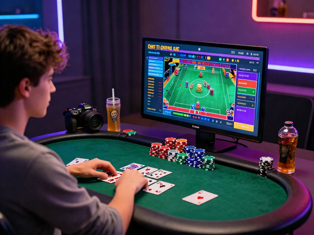 Engaging online casino not on gamstop scene with a player enjoying vibrant gaming setup