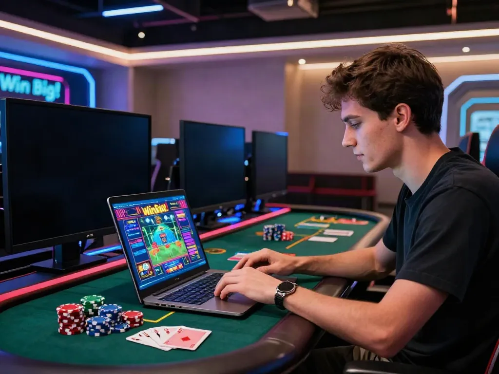 Engaging online casino scene showcasing a player focused on a laptop game, vibrant atmosphere highlighting online casino not on gamstop.
