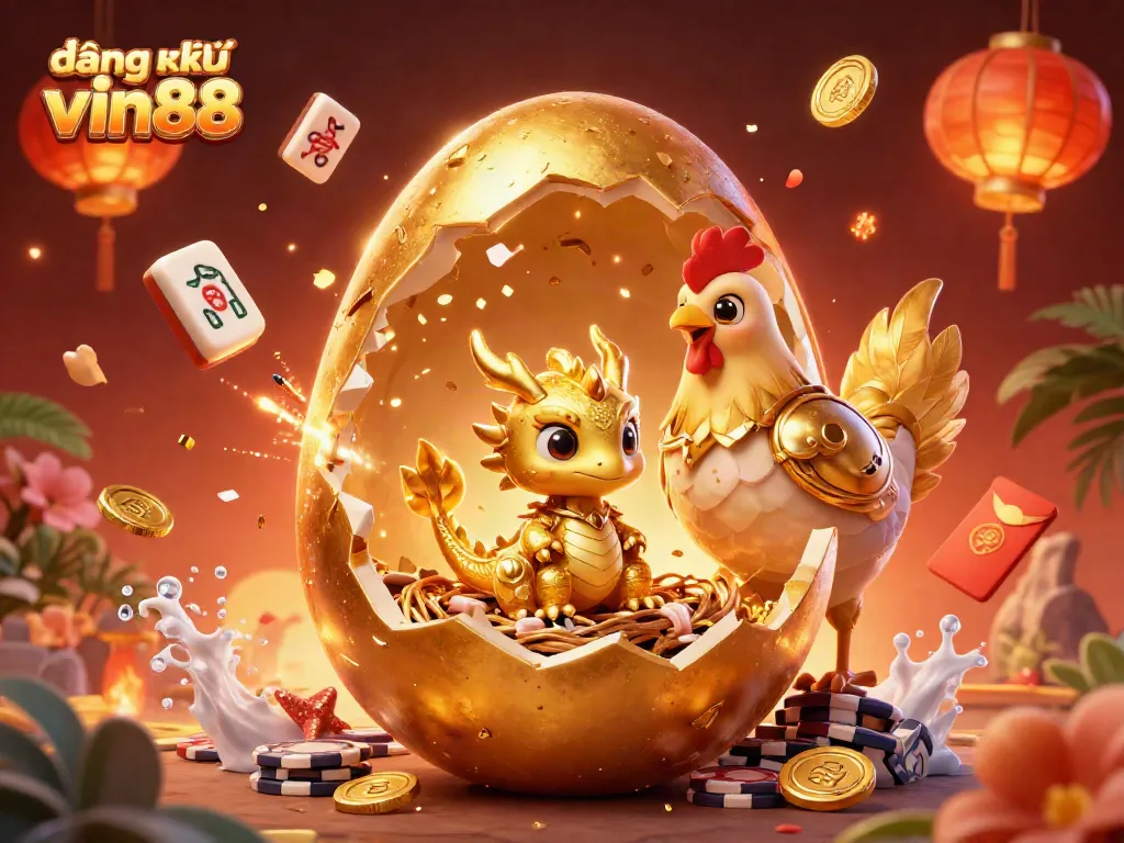 Win big at đăng ký vin88 with a golden dragon and poker chips illustration full of festive casino elements.