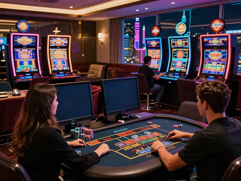 Exciting gaming environment at an online casino not on gamstop with vibrant screens and atmosphere.