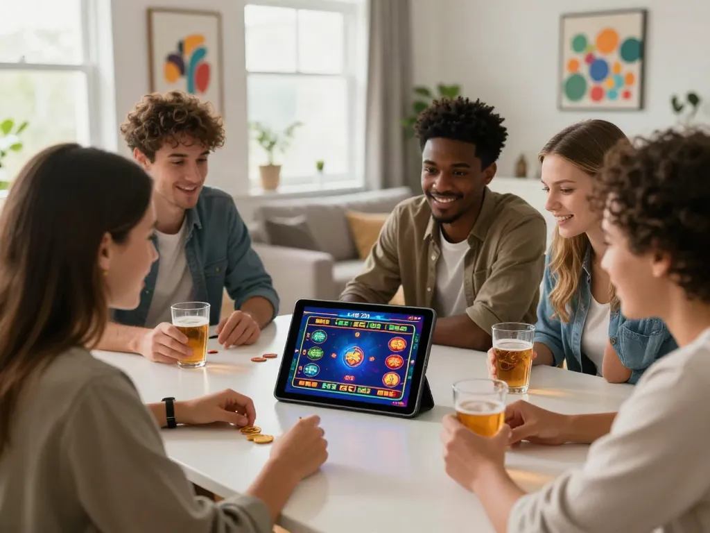 Friends enjoying an online casino not on GamStop on a tablet, celebrating gaming in a cozy living room.