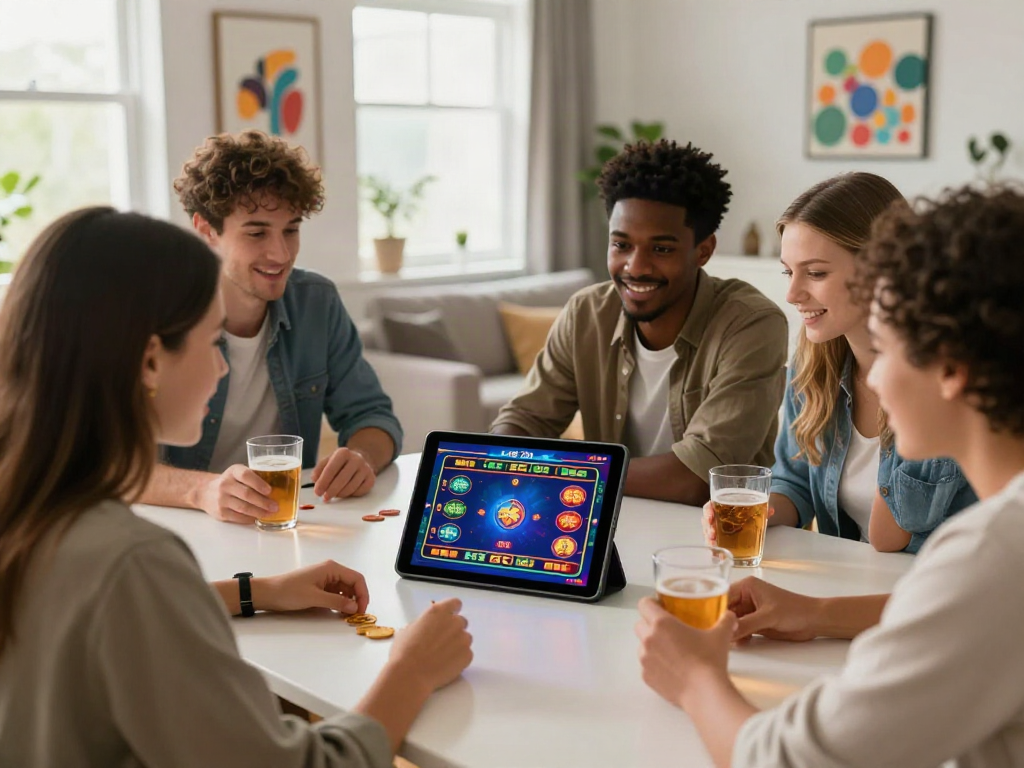 Friends enjoying an online casino not on GamStop on a tablet, celebrating gaming in a cozy living room.