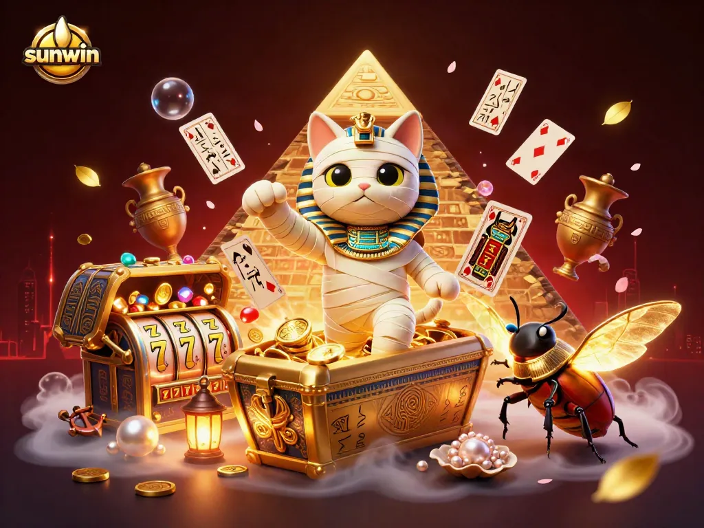 Engage in the thrilling world of sunwin with an Egyptian mummy cat and vibrant casino elements.