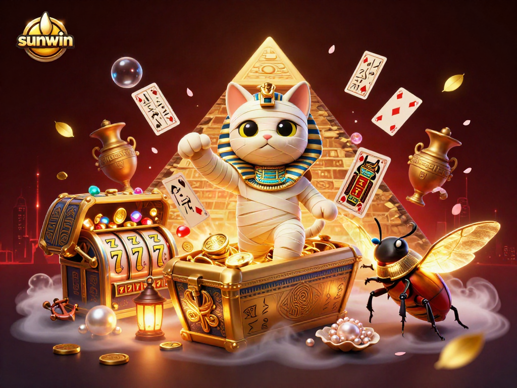 Engage in the thrilling world of sunwin with an Egyptian mummy cat and vibrant casino elements.